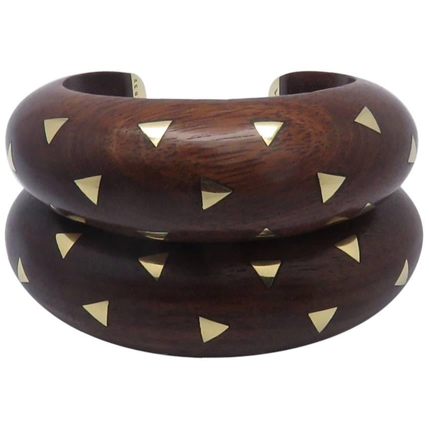 Set of Two Van Cleef & Arpels Rosewood Wood Gold Cuff Bracelets For Sale