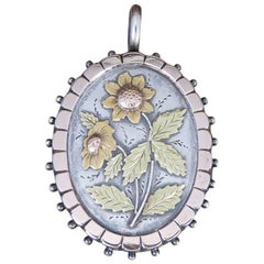 Antique Floral Tri-Color Gold and Silver Locket Pendant