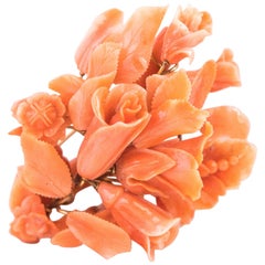 1900s Natural Coral Victorian Floral Bouquet Brooch Lapel Pin