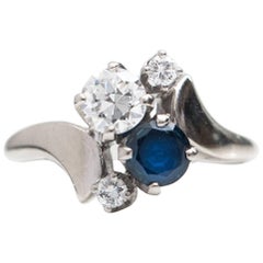 1930s Blue Sapphire and Diamond 14 Karat White Gold Toi et Moi Ring