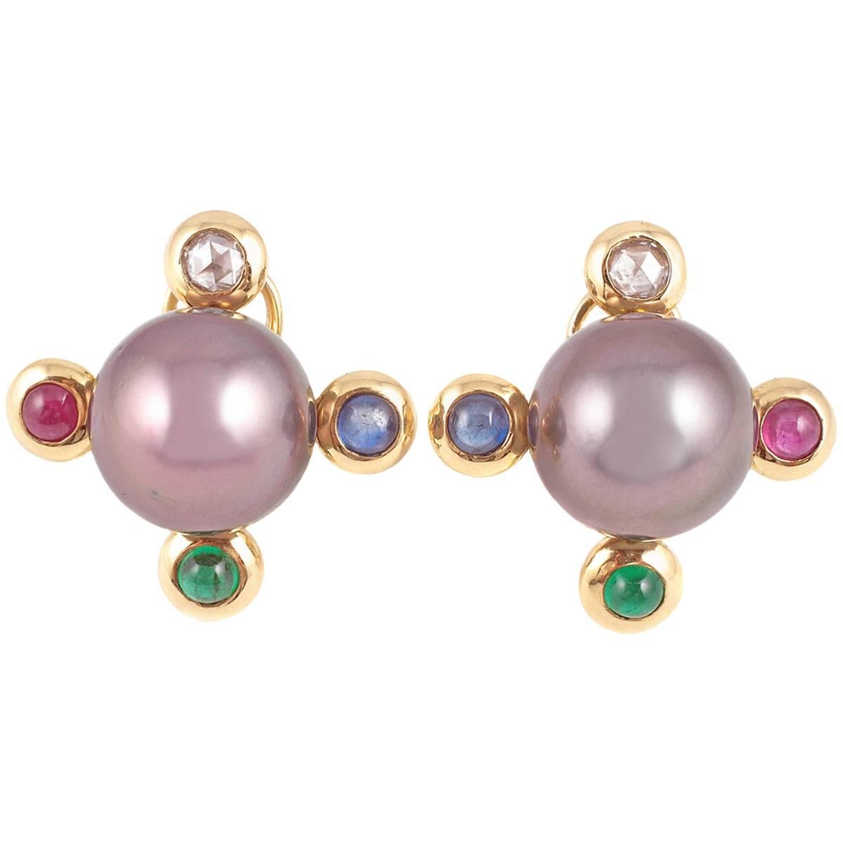 Assael Tahitian Pearl Diamond, Sapphire, Emerald, Ruby Earrings