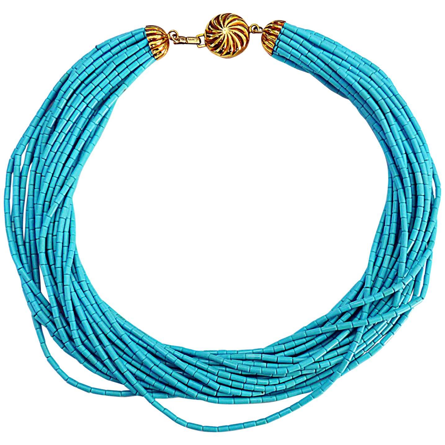 Contemporary Turquoise Multi-Strand Beaded Collar Necklace For Sale