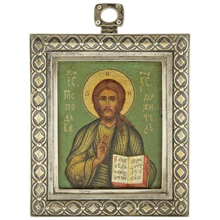Antique Fabergé Russian Personal Silver Hand-Painted Icon of Christ Pantocrator