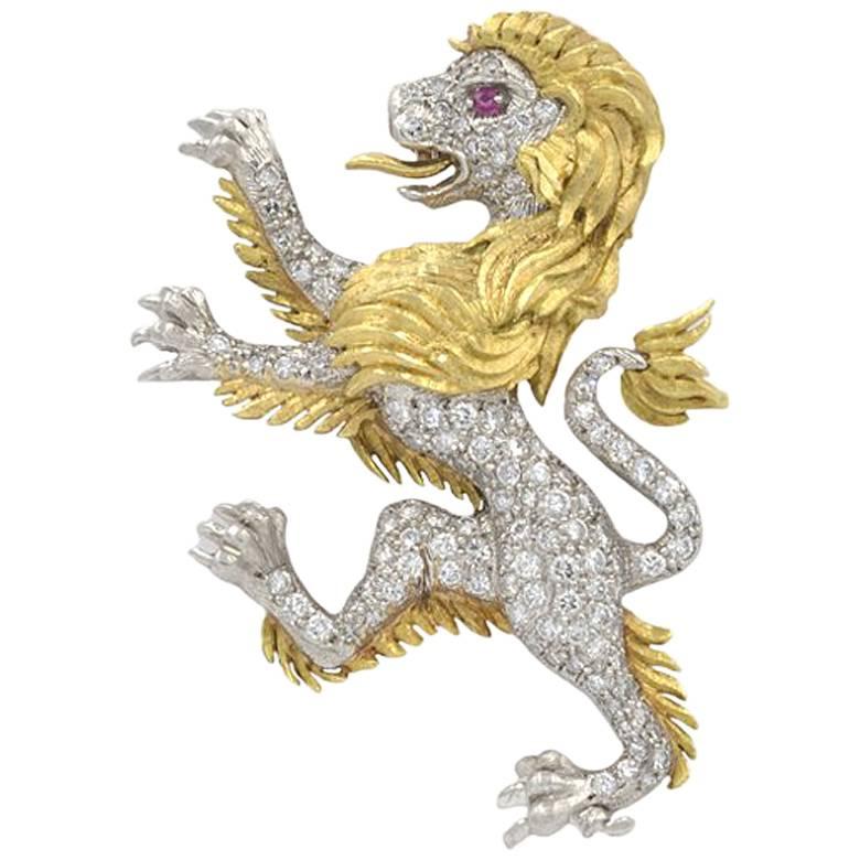 JE Caldwell Diamond Lion Brooch in Platinum and 18 Karat Gold, circa 1950 For Sale