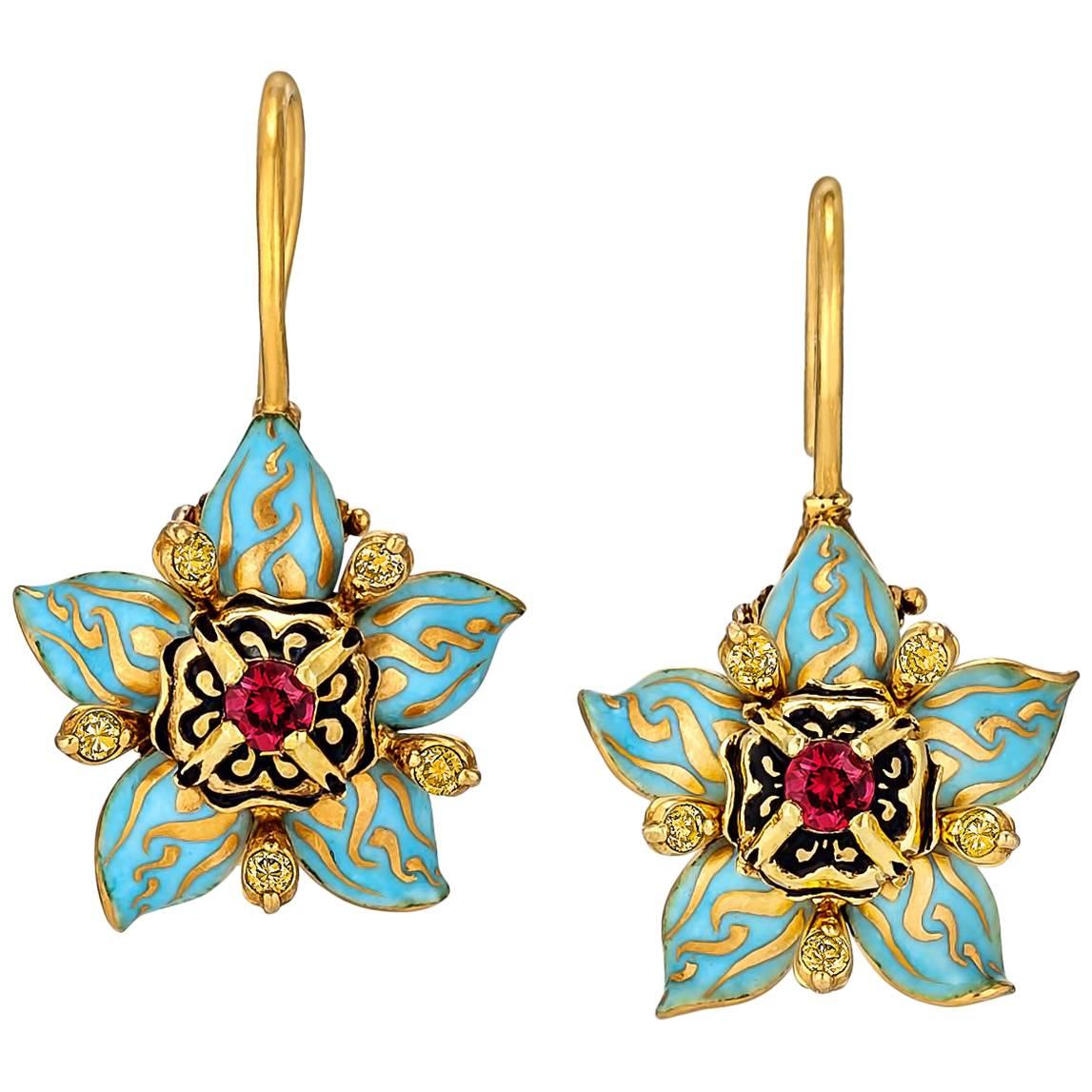 Otto Jacob Burmese Ruby Yellow Diamond Gold Enamel Drop Earrings