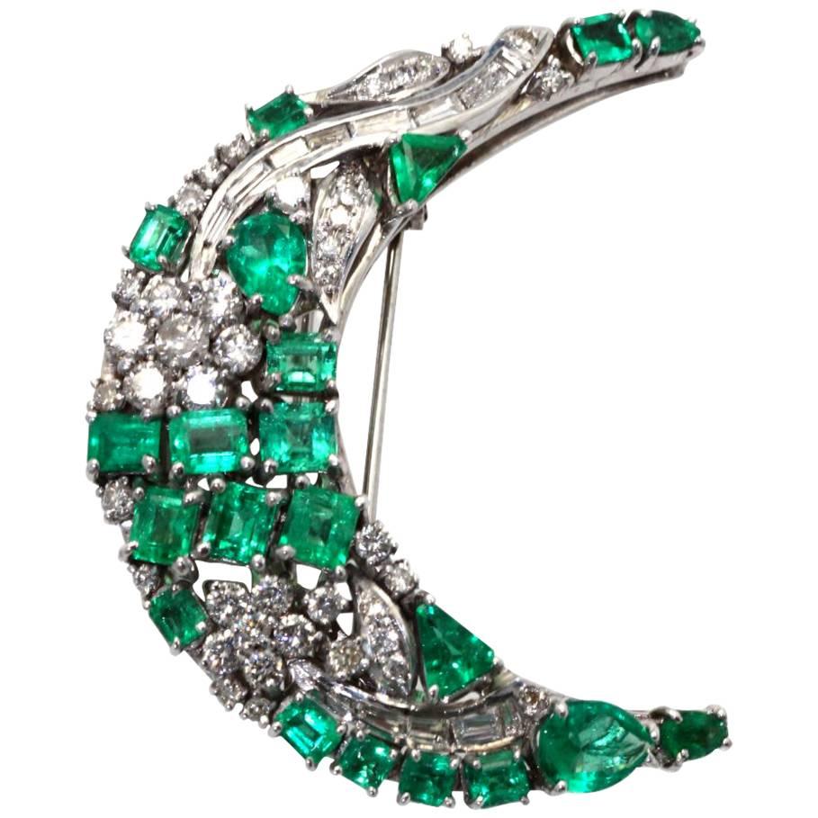Emerald Diamond Crescent Brooch 14K 7.52 Carats For Sale