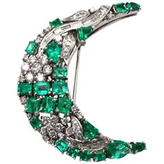 Emerald Diamond Crescent Brooch 14K 7.52 Carats