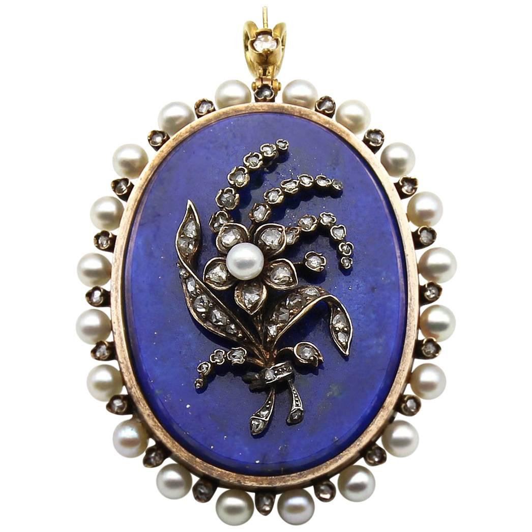 18K Gold Early 20th Century Lapis Lazuli Rose Cut Diamond and seed Pearl Pendant