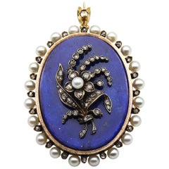 18K Gold Early 20th Century Lapis Lazuli Rose Cut Diamond and seed Pearl Pendant