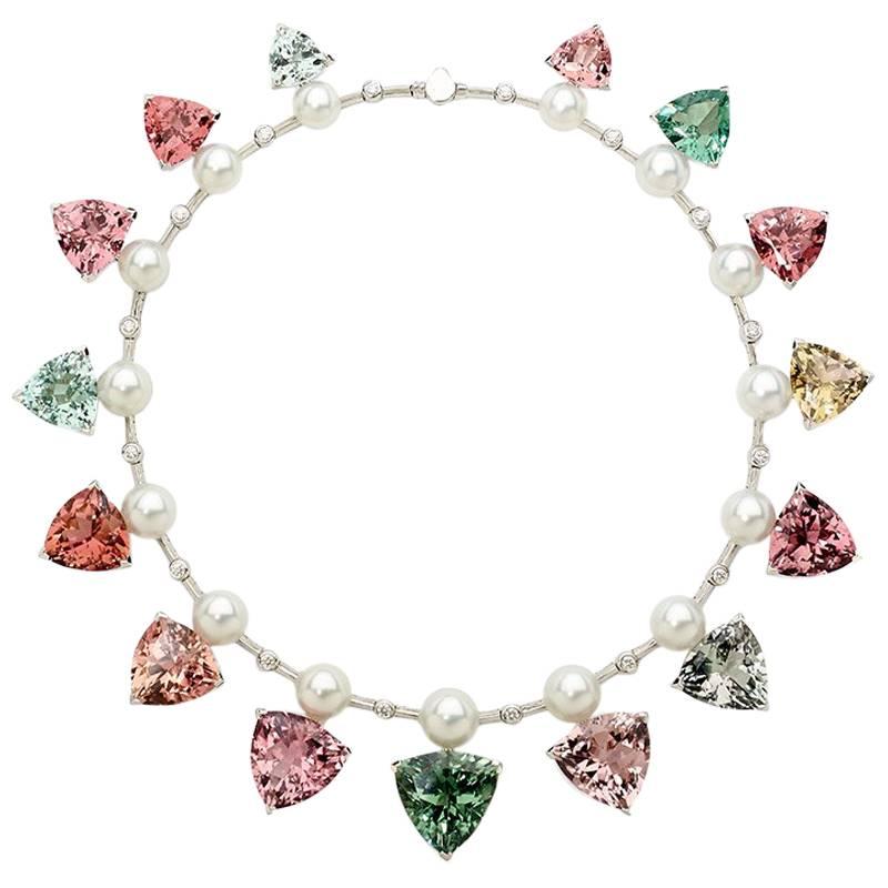 237 Carat Multicoloured Tourmalines 1.27 Carat Diamonds and Pearl Necklace For Sale