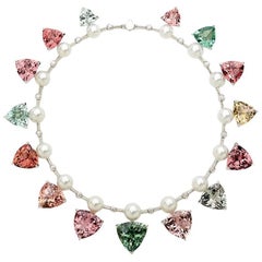 237 Carat Multicoloured Tourmalines 1.27 Carat Diamonds and Pearl Necklace