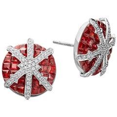 Ruby, Diamond and 18 Karat White Gold Stud Earrings