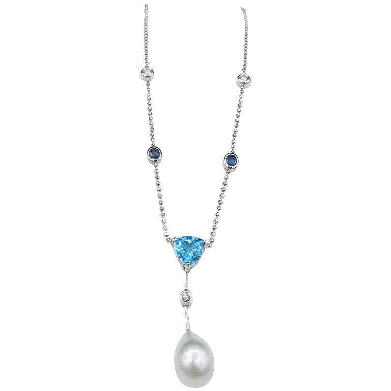 Blue Topaz South Sea Pearl Diamond Blue Sapphire White Gold Chain Drop