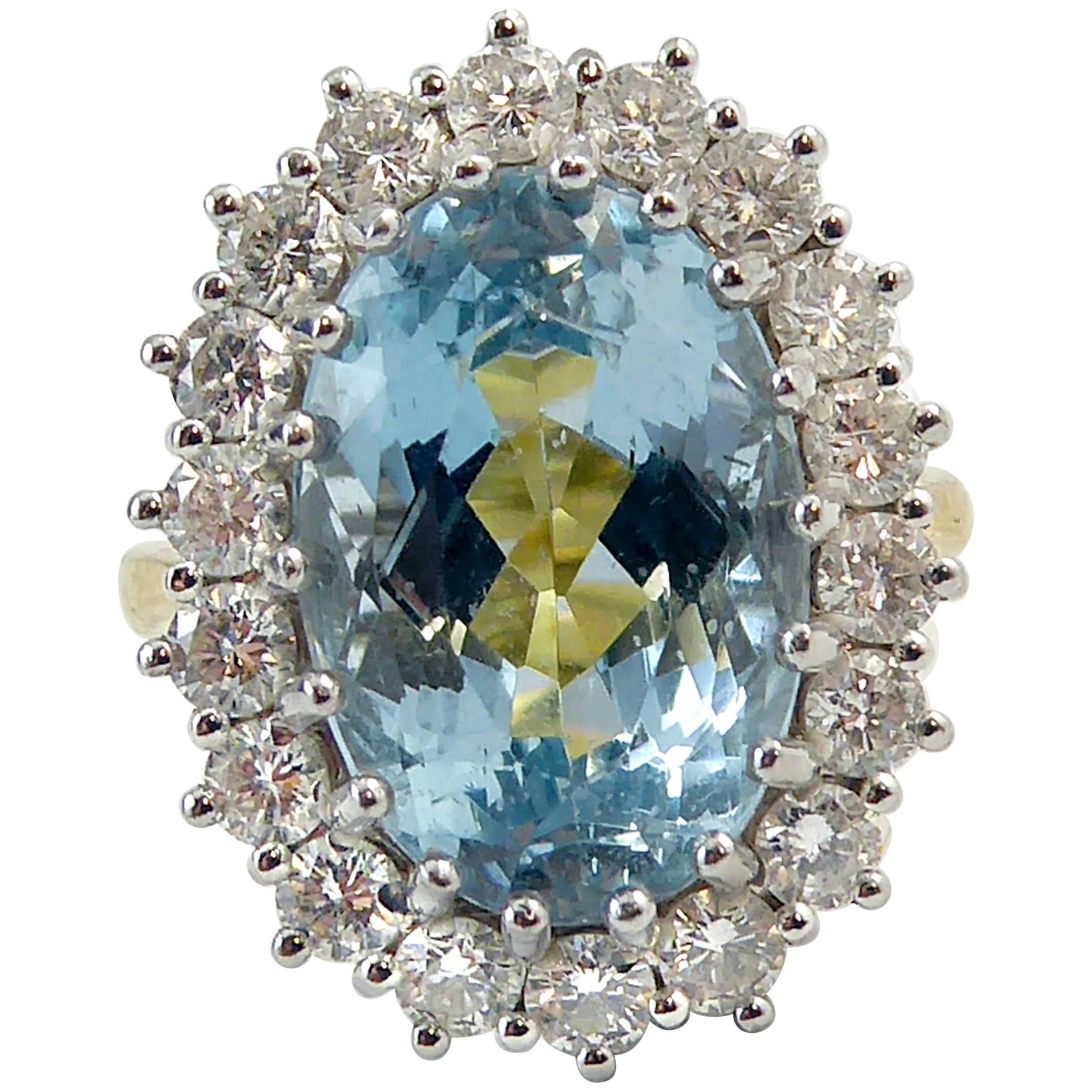 8.91 Carat Blue Topaz and Diamond Cluster Ring, 18 Carat Gold, London, 2005