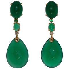 Green Agate, Emerald and White Diamond on Yellow Gold Chandelier Earrings Green Agate, Emerald and White Diamond on Yellow Gold Chandelier Earrings