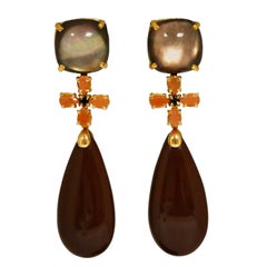 Ialino, Quartz, Peach Moonstone on Yellow Gold Chandelier Earrings