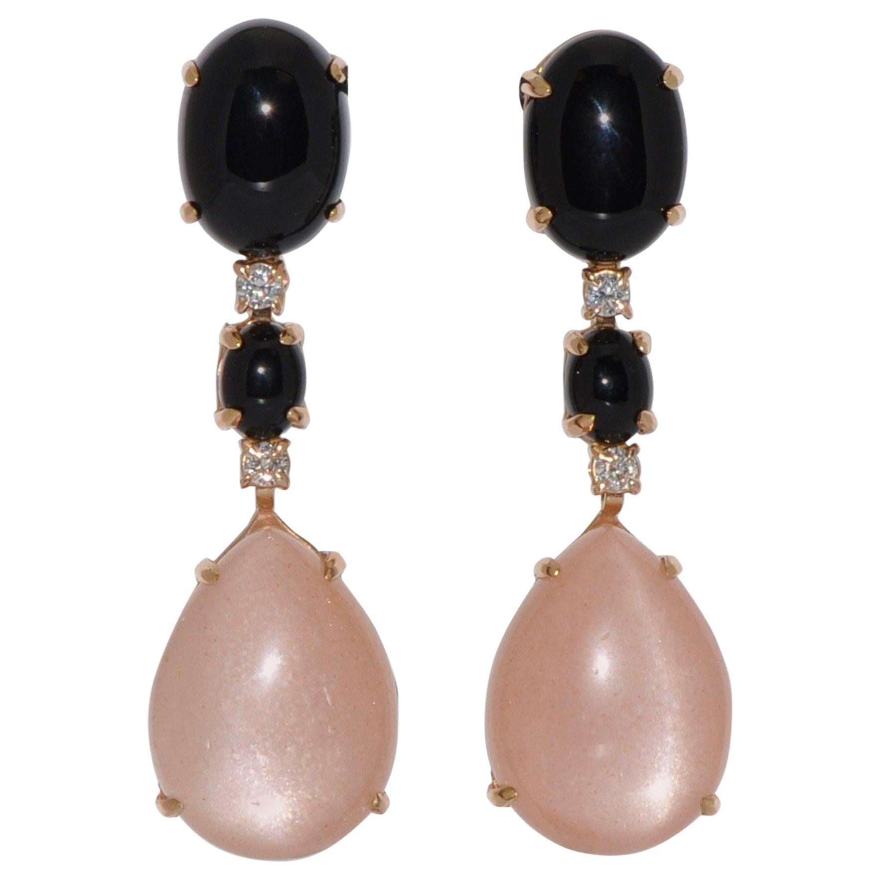 Peach Moonstone, Black Agate and Diamond Yellow Gold Chandelier Earrings