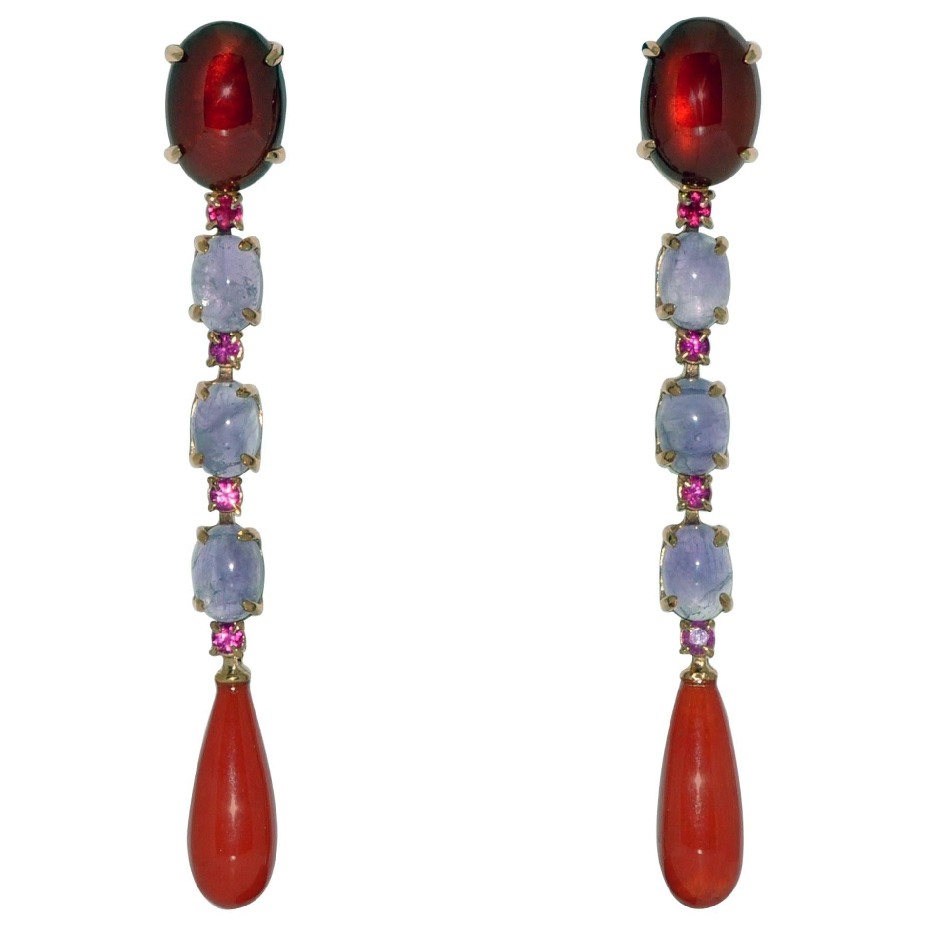 Coral, Garnet, Amethyst and Ruby on Yellow Gold Chandelier Earrings