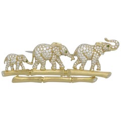 Cartier Diamond Emerald Gold Elephant Family Brooch