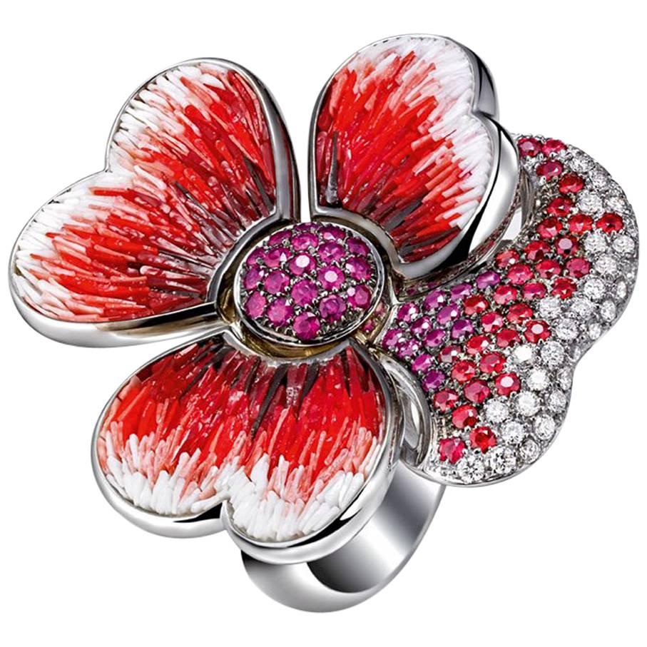 Stylish Ring White Gold White Diamonds Ruby Sapphires Decorated Micromosaic For Sale