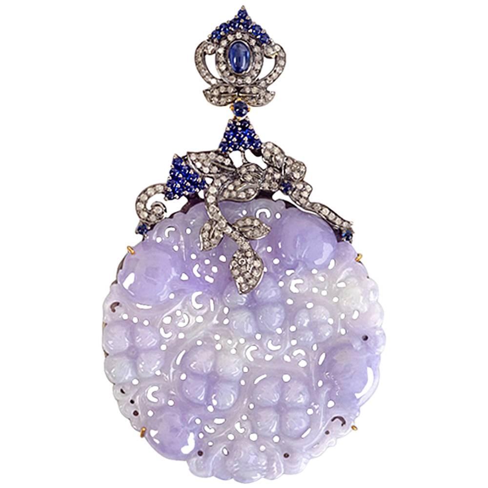 Lavender Jade Pendant with Diamonds and Sapphire
