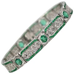 Diamond Emerald Deco Style Bracelet 14 Karat