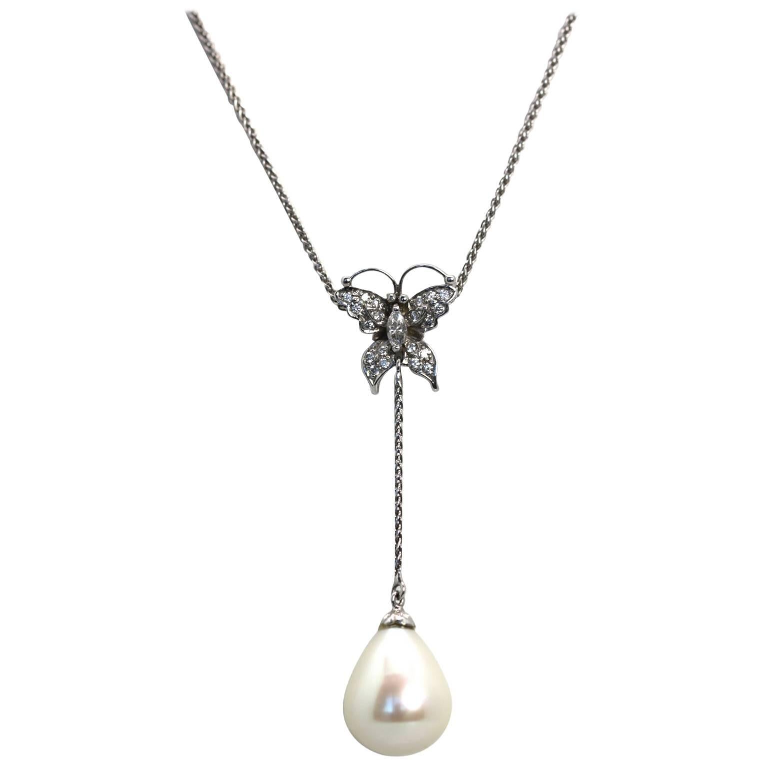 Diamond Butterfly Necklace Drop Pearl 18 Karat For Sale