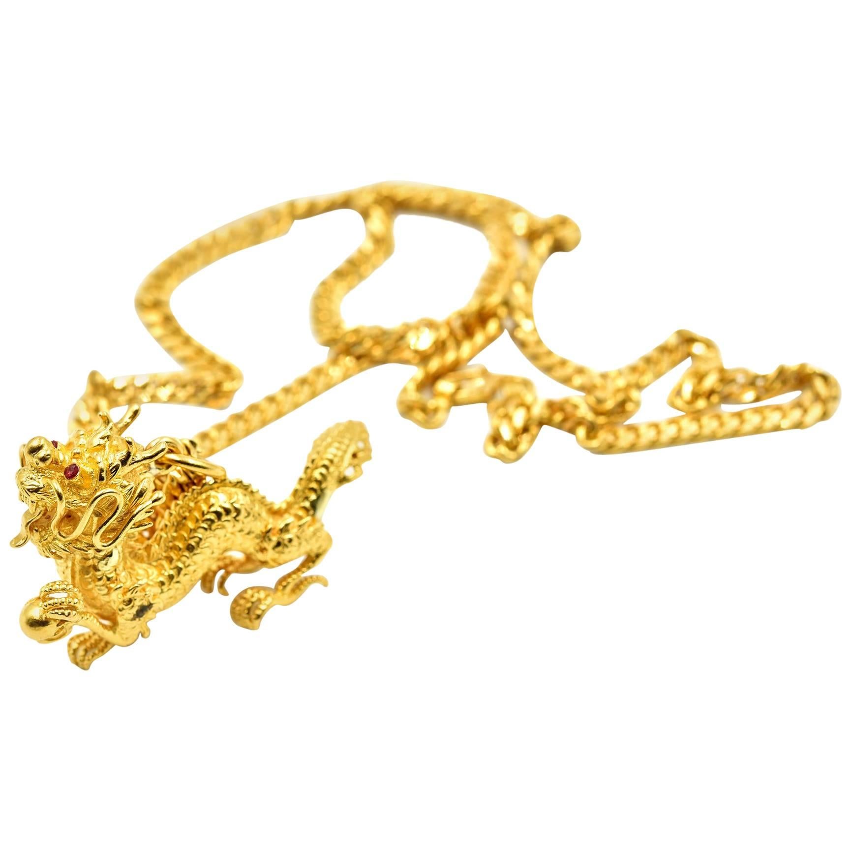 Yellow Gold Oriental Ruby Dragon on 22 Karat Yellow Gold Curb Link Necklace