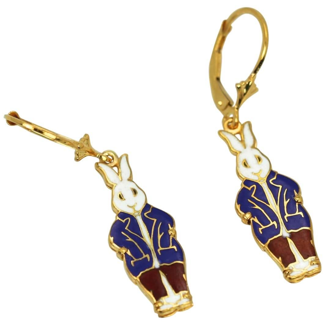 Charming Peter Rabbit 14 Karat Enamel Earrings For Sale