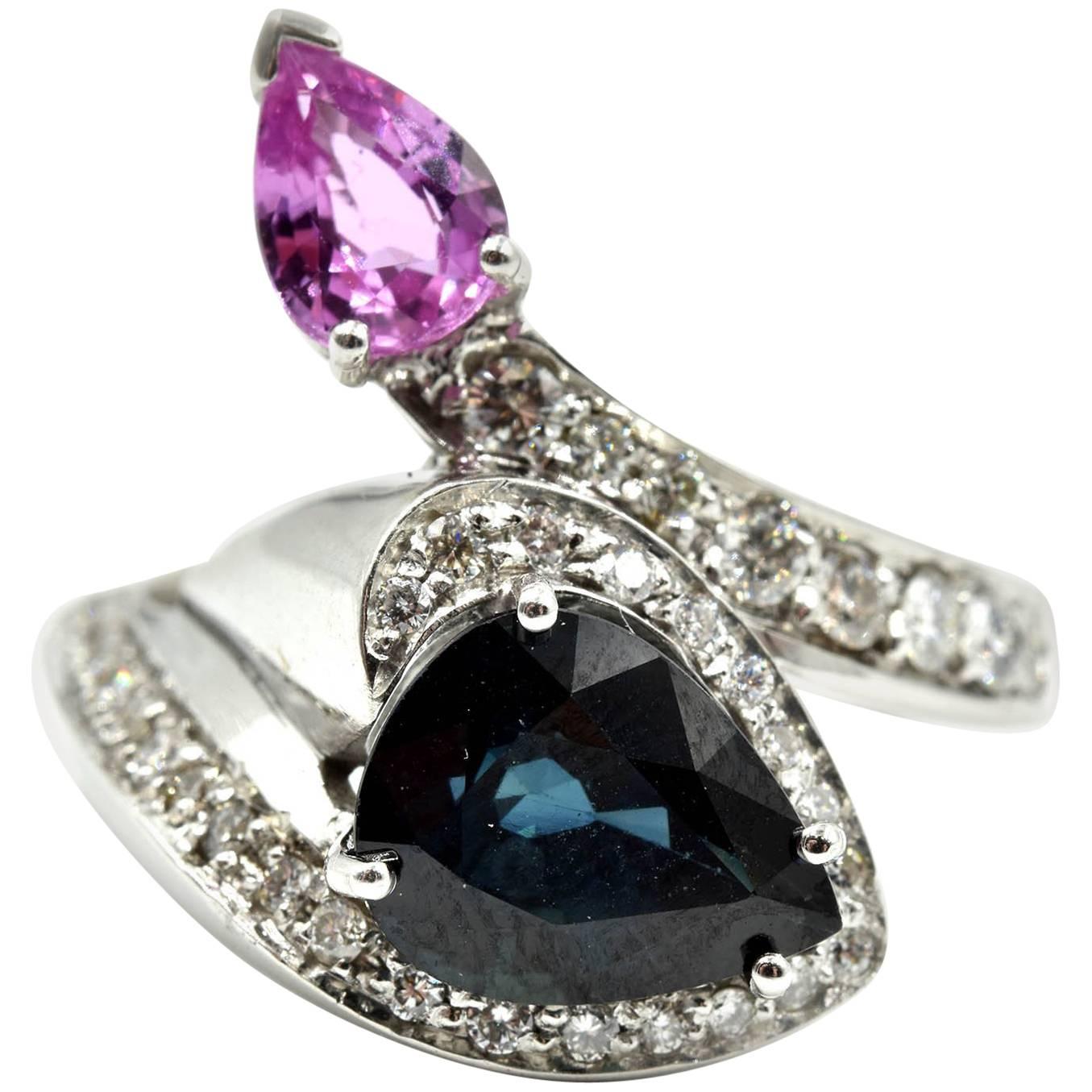 White Gold Pear Cut Blue and Pink Sapphire with Diamond Mount Cocktail Ring
