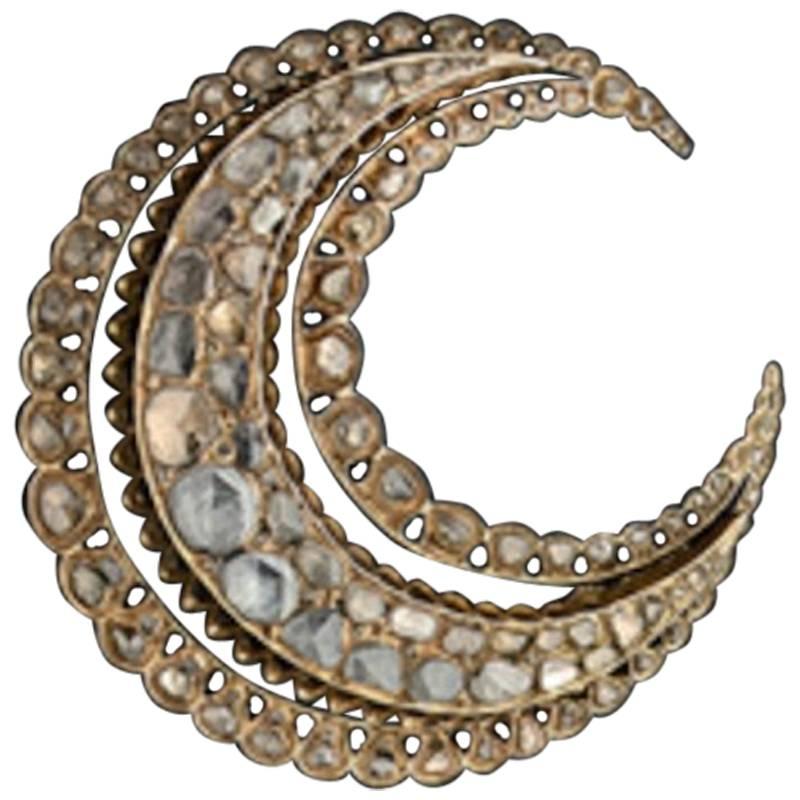 Antique Rose Cut Diamond Gold Crescent Brooch