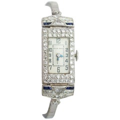 White Gold Platinum Diamond Sapphire Cocktail Wristwatch, 1930s