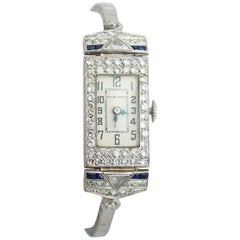 Vintage White Gold Platinum Diamond Sapphire Cocktail Wristwatch, 1930s 