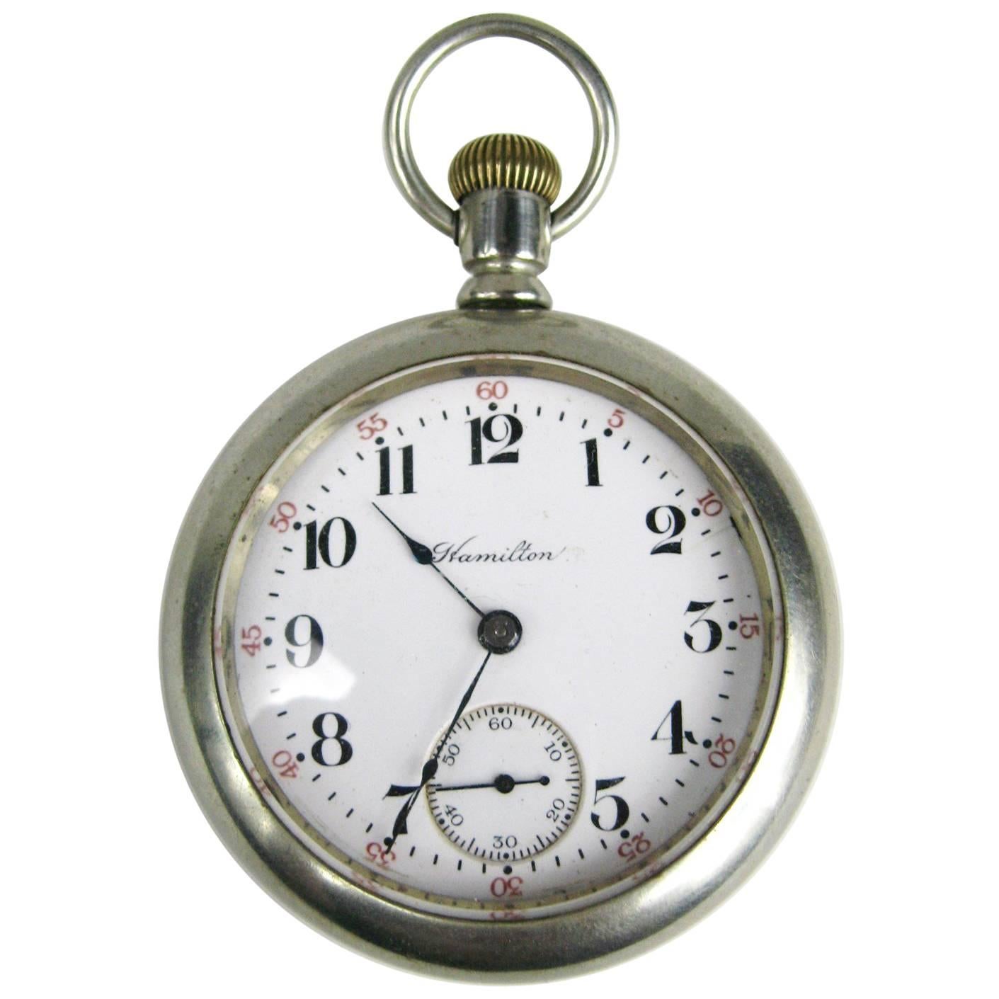 Antique Open Face Silver Hamilton Pocket Watch with Display For Sale