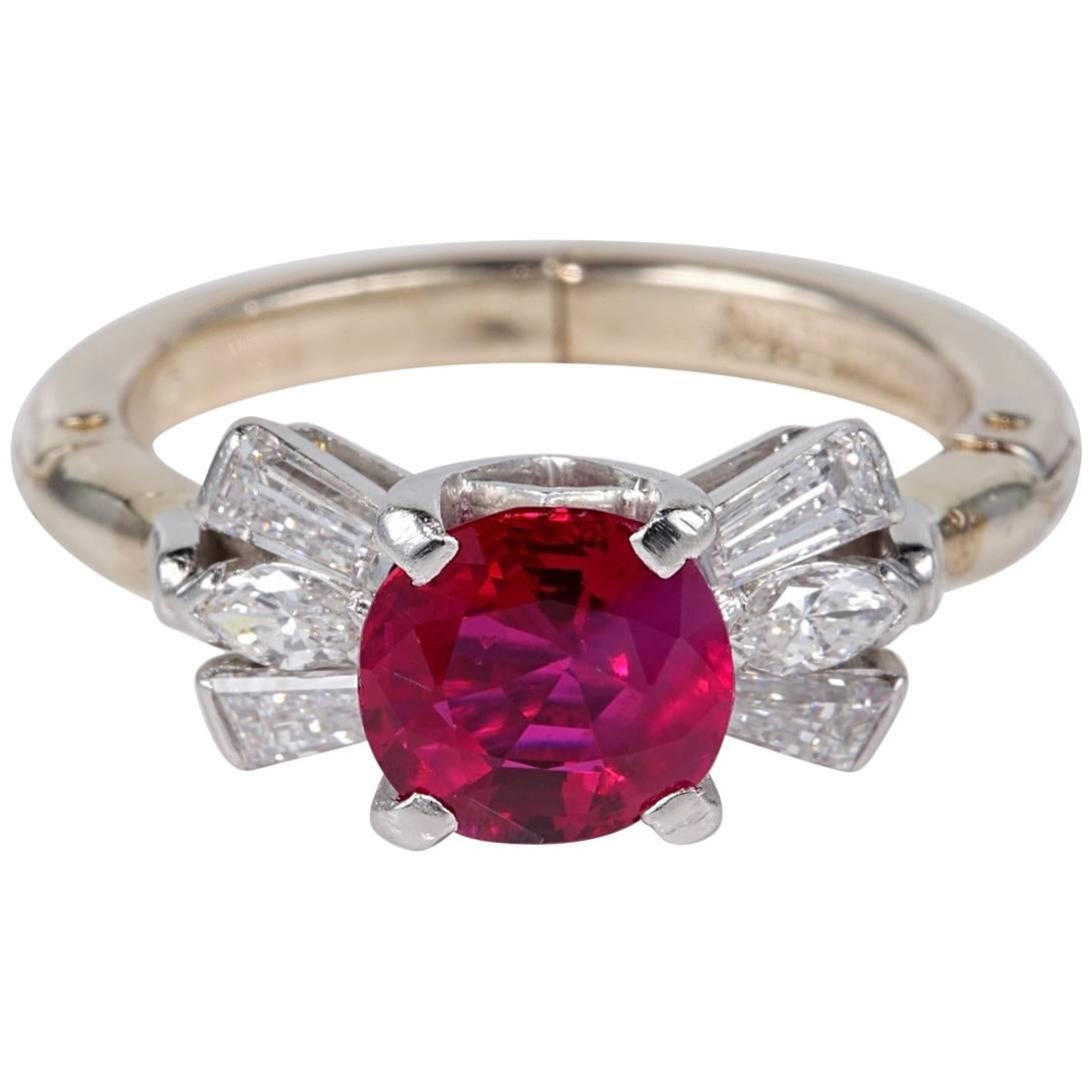Regal Certified 1.62 Carat Burmese Ruby Diamond Ring For Sale