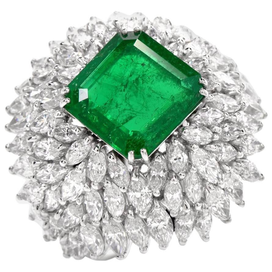 1960s Vintage Diamond Emerald Platinum Cocktail Dome Ring