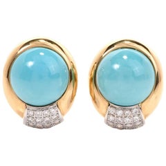 1960s Persian Turquoise Diamond 18 Karat Gold Clip-Back Earrings