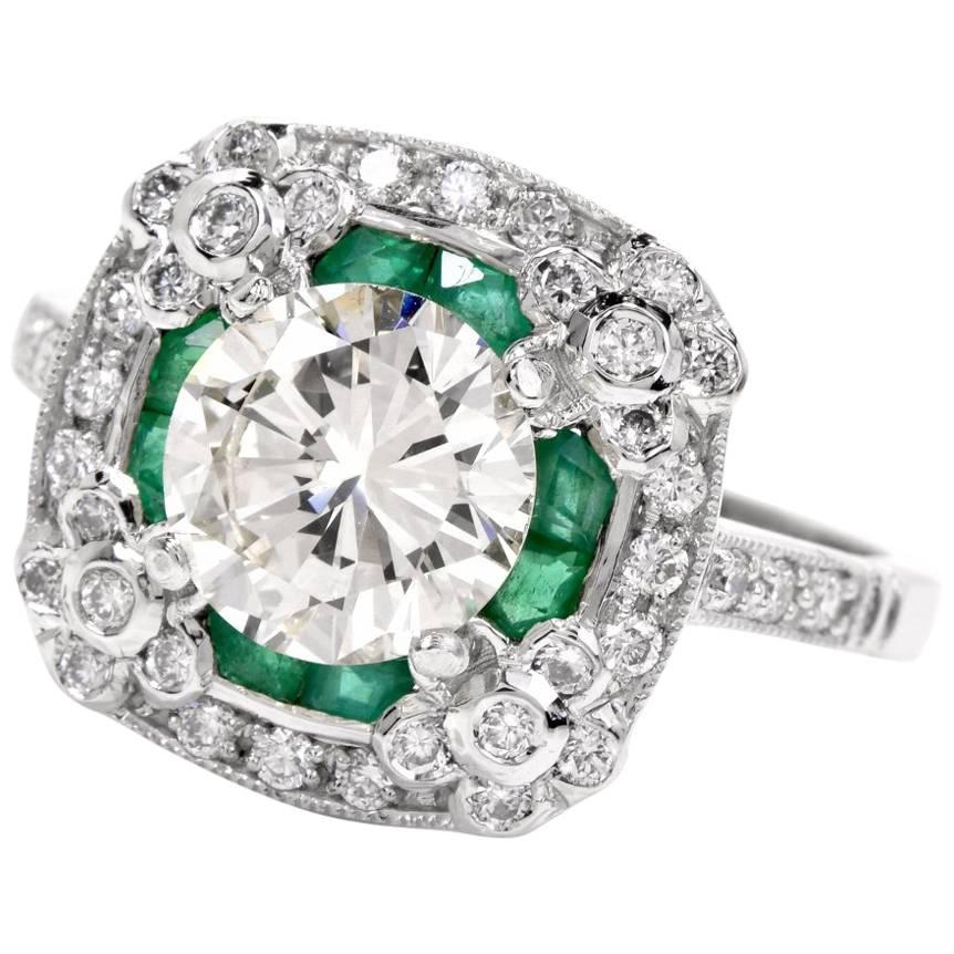  Diamond Emerald Platinum Engagement Ring