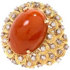Vintage 1970s Red Coral 18 Karat Yellow Gold Dome Cocktail Ring