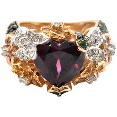 Red Garnet Two-Tone Cocktail Ring with Diamonds, Tsavorites and Sapphires