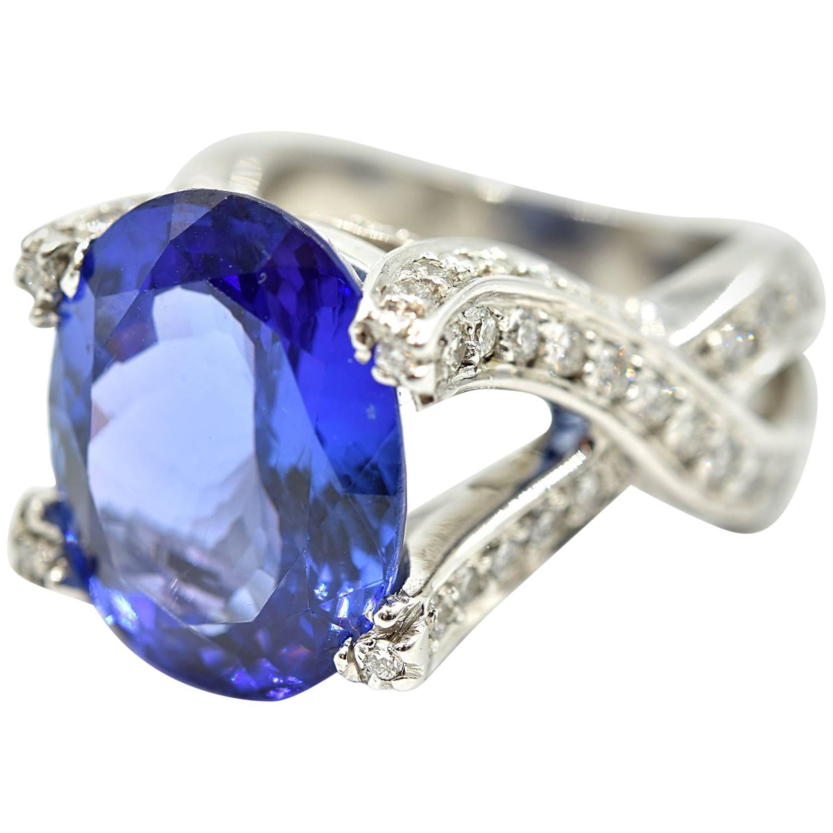 AAA Quality Oval Tanzanite and Diamond Cocktail Ring