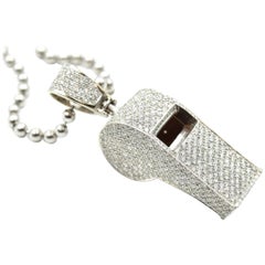 White Gold, 13.50 Carat Pave Diamond Set Whistle on White Gold Beaded Chain