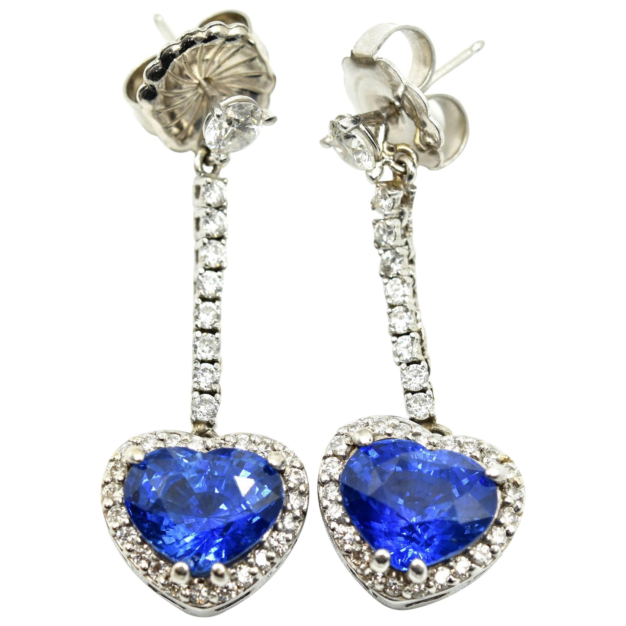 14 Karat White Gold, Diamond and GIA Heart-Cut Sapphire Dangle Earrings