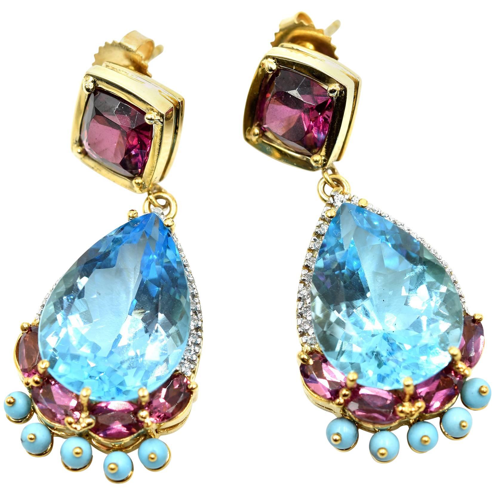 Diamond, Pink Tourmaline, Turquois and Blue Topaz Earrings