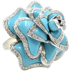 White Gold Carved Turquoise and 2.00 Carat Diamond Flower Cocktail Ring