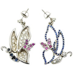 Blue and Pink Sapphire Butterfly Earrings with Diamonds