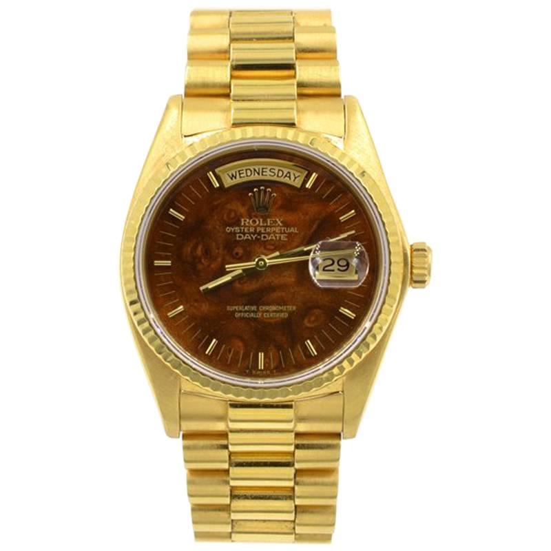 Rolex yellow Gold President Wood Dial Day Date Wristwatch, Ref 18038 For Sale