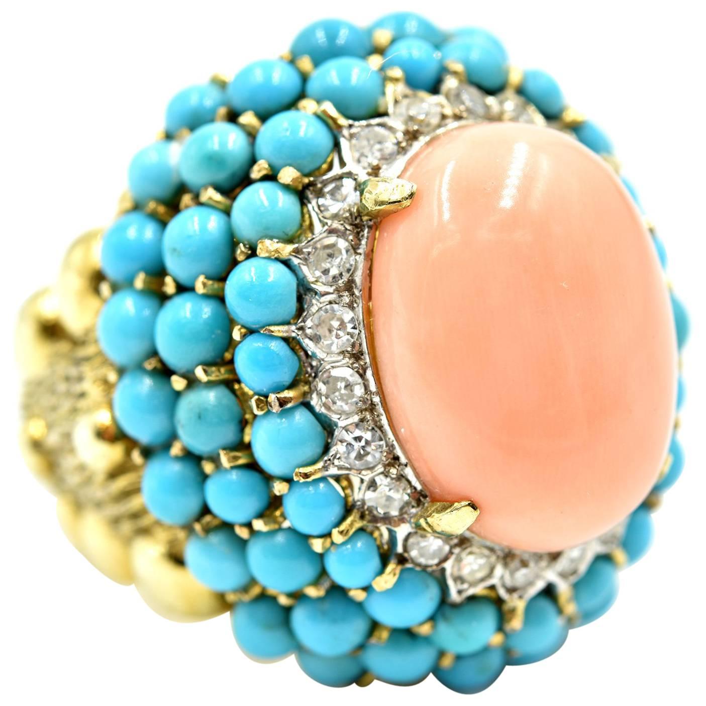 Diamond, Turquoise and Red Coral Cocktail Ring