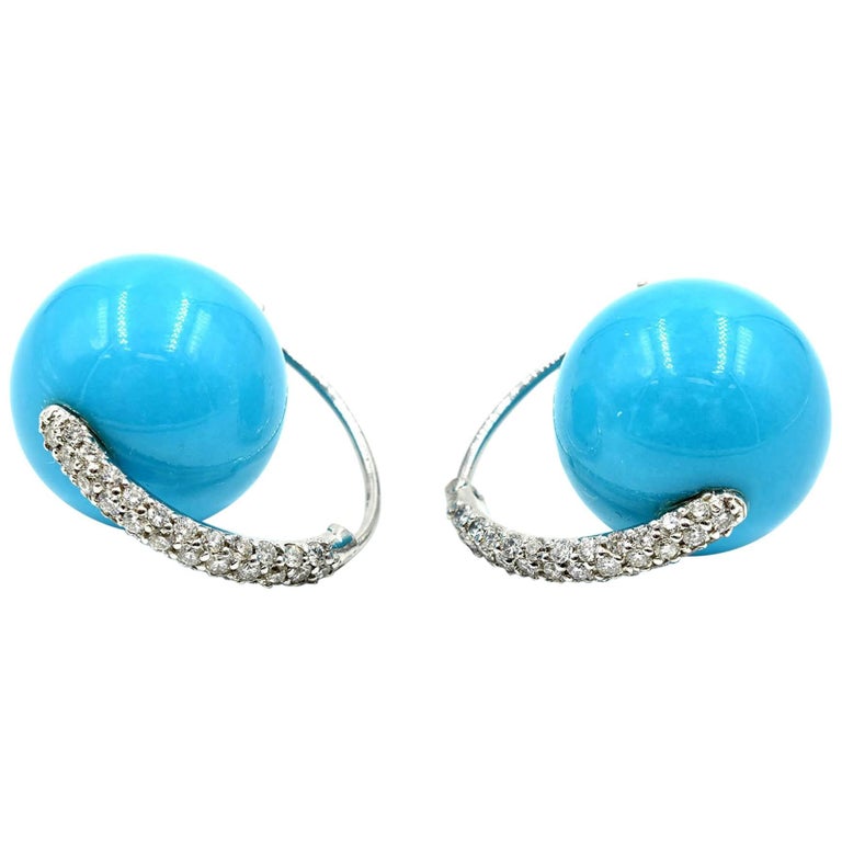 Sky Blue Turquoise Ball Earrings With Diamond Set Accents For Sky Blue Turquoise Ball Earrings With Diamond Set Accents For
