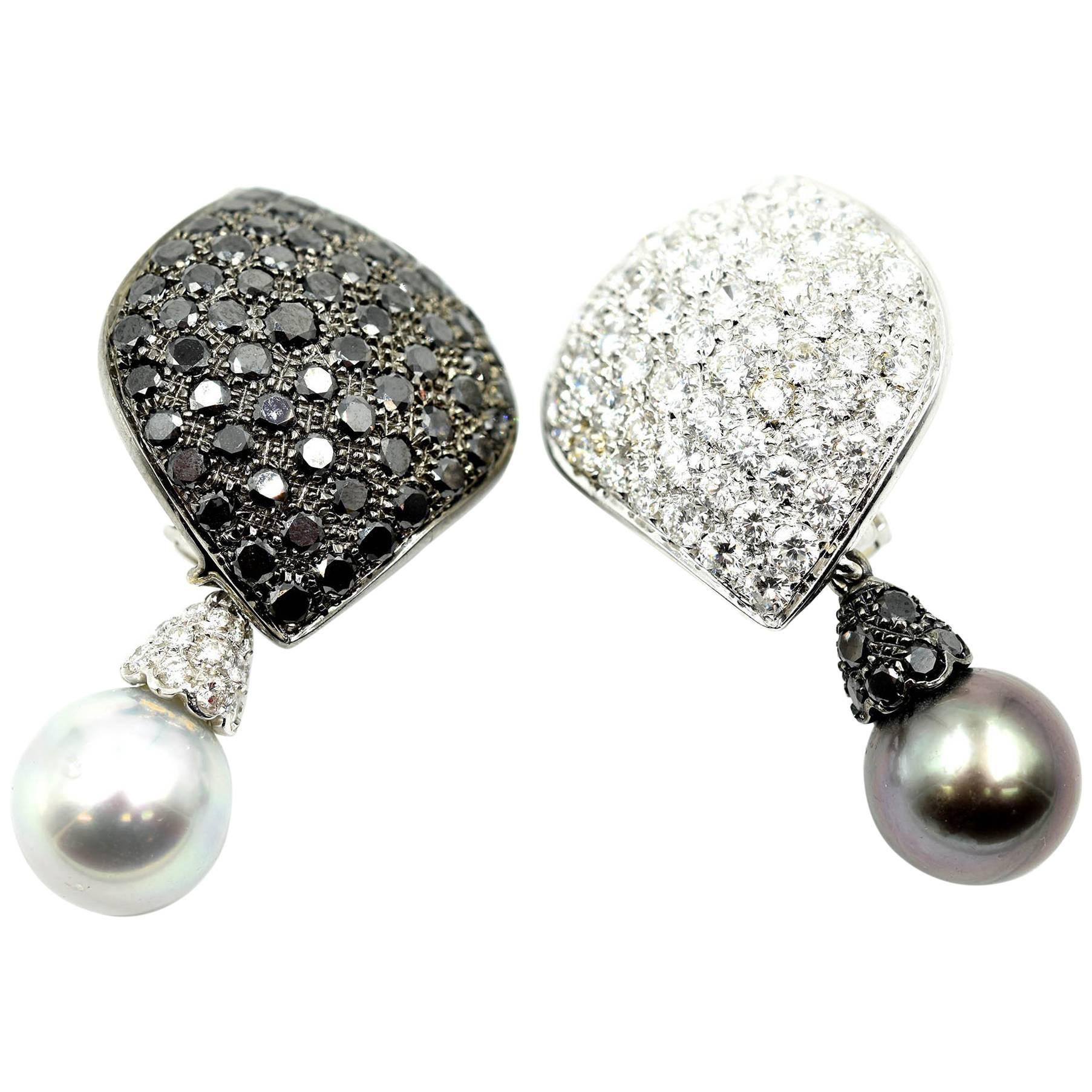 Black and White Diamond with Dangling Cultured Pearls 18k White Gold Earrings